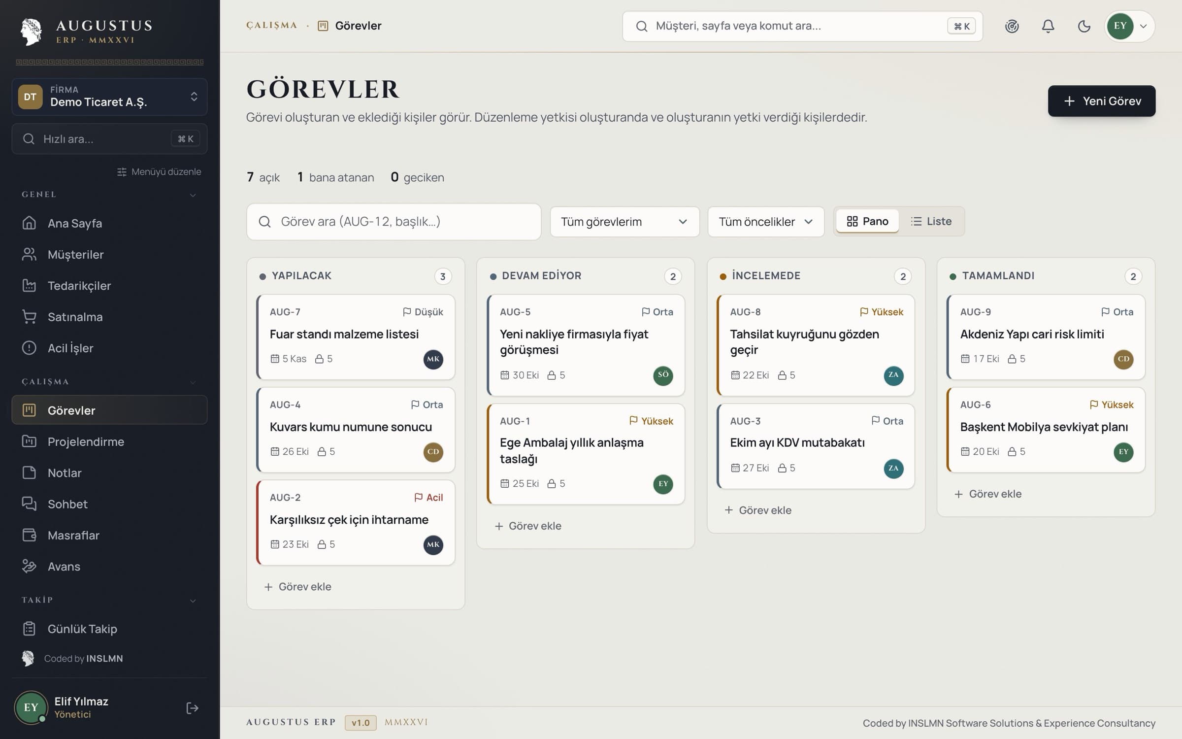 Augustus ERP — Görevler ekranı