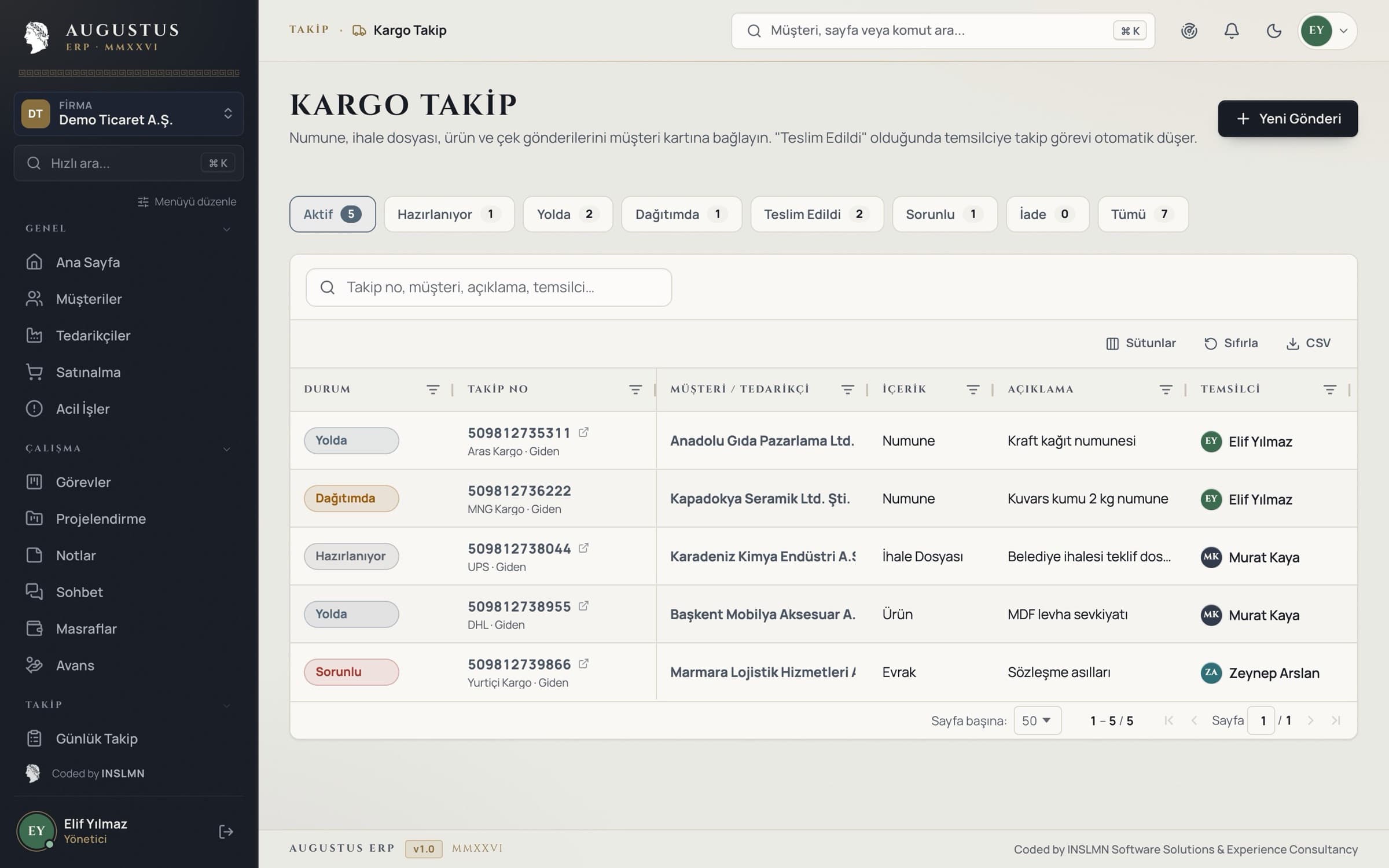 Augustus ERP — Kargo Takip ekranı
