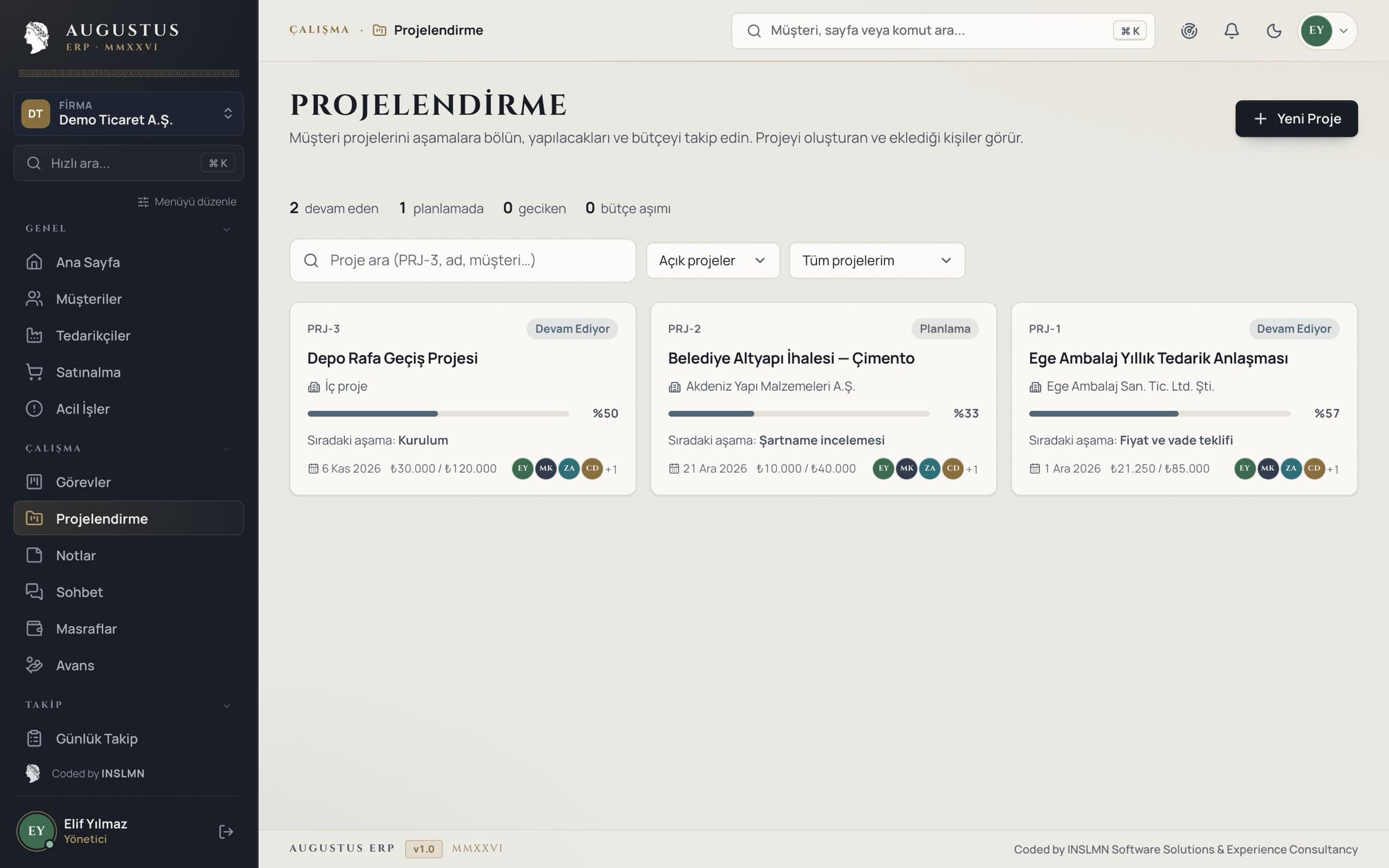Augustus ERP — Projelendirme ekranı